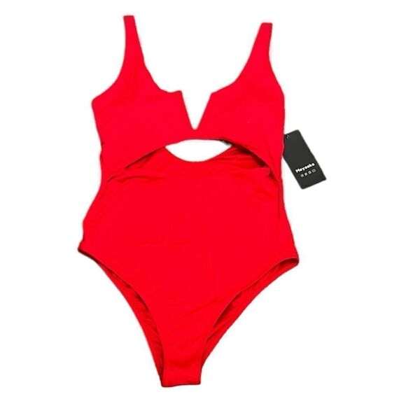 NWT Meyeeka Women’s Red One Piece Cut Out V-Notch Swimsuit, Size L - Picture 4 of 8